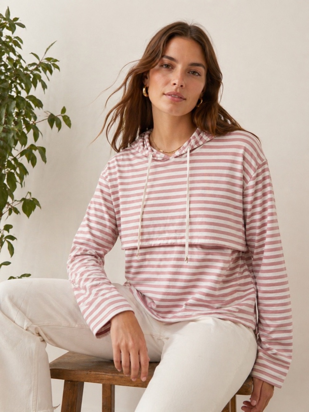 Ginkana Nursing Hooded Long-Sleeve Top Pink Stripes Size Large Maternity